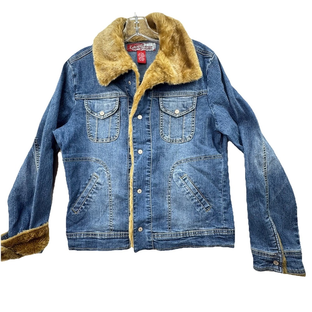 Vintage Y2K Laser Jeans Denim Jean Jacket Faux Fur Collar Trim Size Large